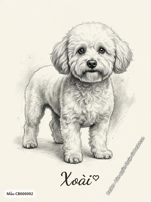 Chó Bichon trắng đứng, tranh chì đen trắng · ảnh tranh