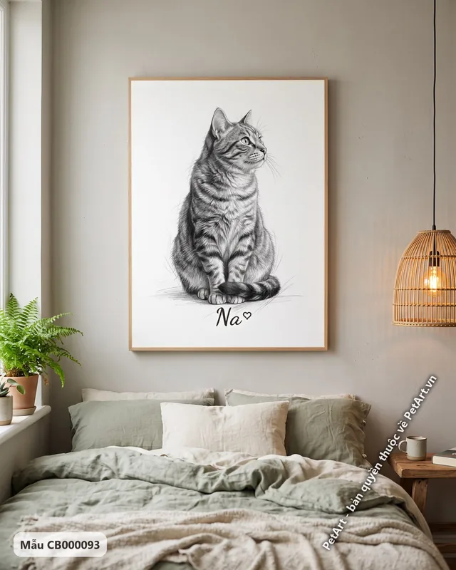 Mèo mướp xám ngồi, nhìn nghiêng, tranh chì · góc khác