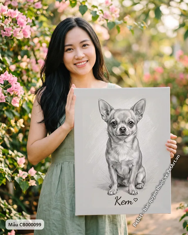 Chó Chihuahua ngồi vẽ chì đen trắng · ảnh thực tế