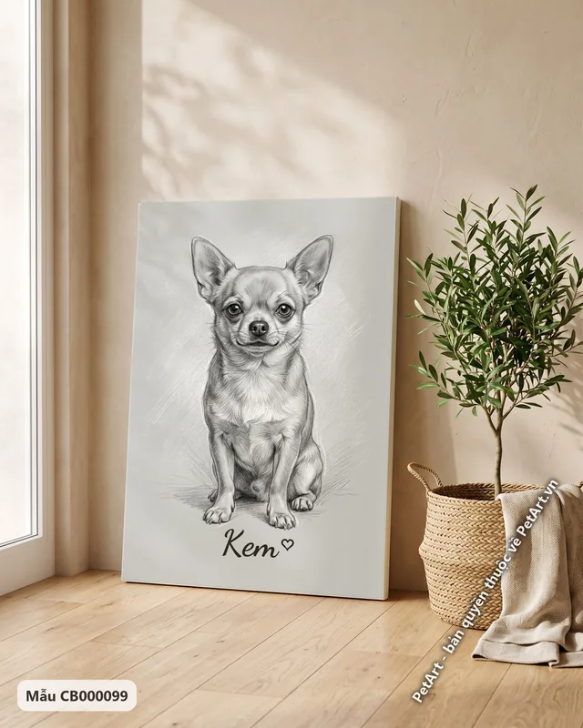 Chó Chihuahua ngồi vẽ chì đen trắng · góc khác