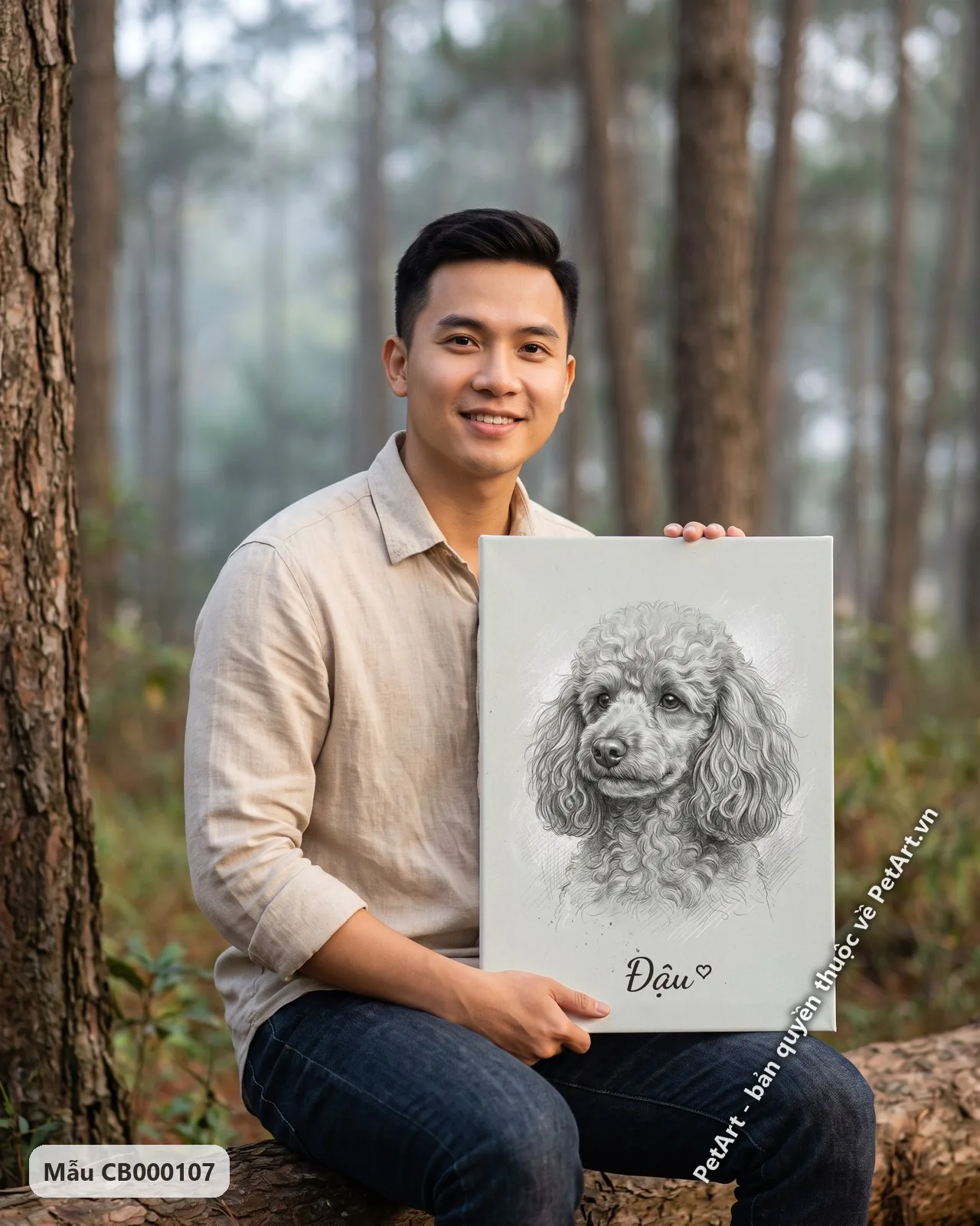 Ảnh thực tế: Chân dung chó Poodle với bộ lông xoăn đặc trưng, được phác họa bằng chì đen trắng trên nền xám nhạt.