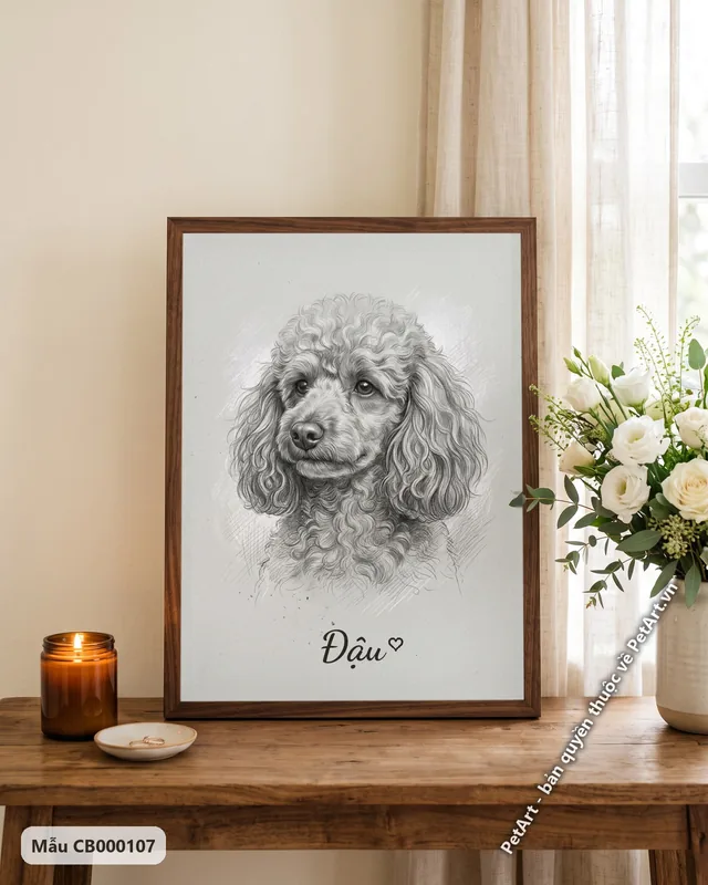 Chó Poodle lông xoăn, tranh chì đen trắng · góc khác