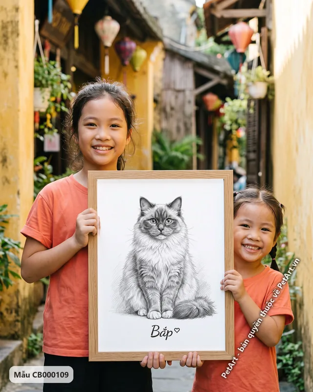 Tranh vẽ chì đen trắng · mèo Ragdoll