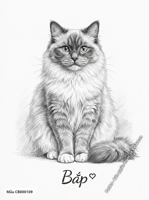 Mèo Ragdoll ngồi thẳng, tranh chì đen trắng · ảnh tranh