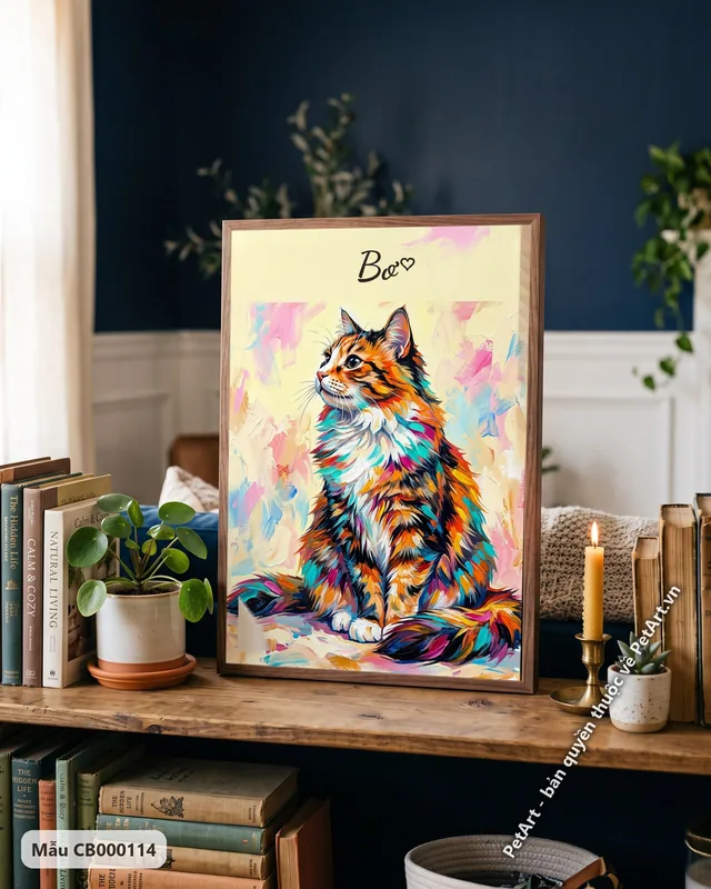 Mèo tam thể ngồi, lông đa sắc, tranh acrylic · ảnh thực tế