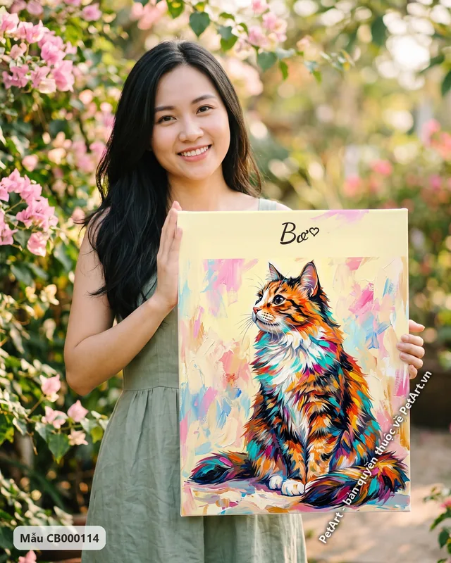 Mèo tam thể ngồi, lông đa sắc, tranh acrylic · góc khác