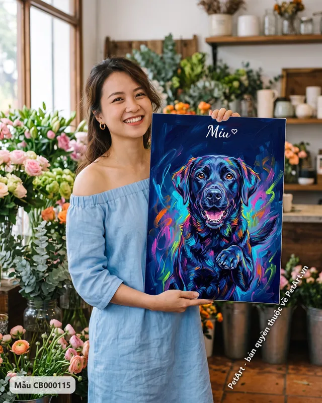 Labrador đen tươi cười, màu sắc neon, acrylic · ảnh thực tế