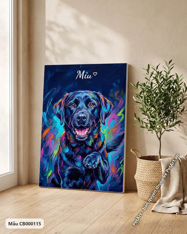 Labrador đen tươi cười, màu sắc neon, acrylic · góc khác