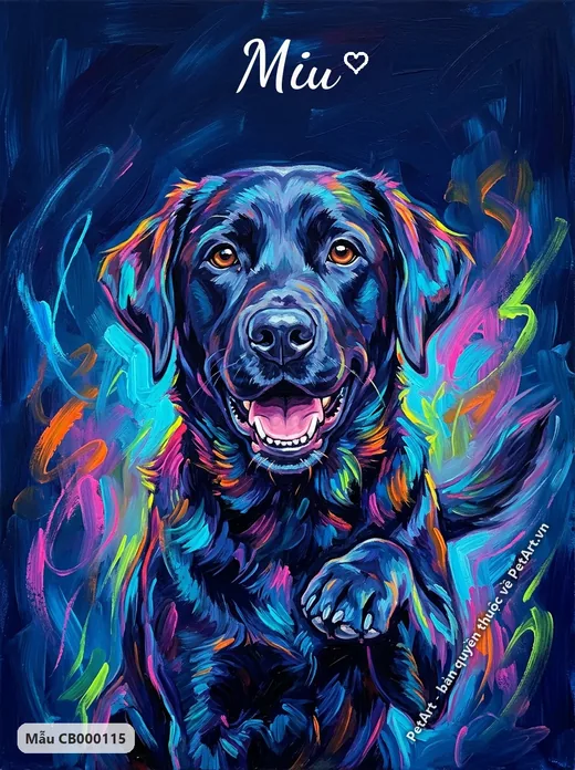 Labrador đen tươi cười, màu sắc neon, acrylic · ảnh tranh