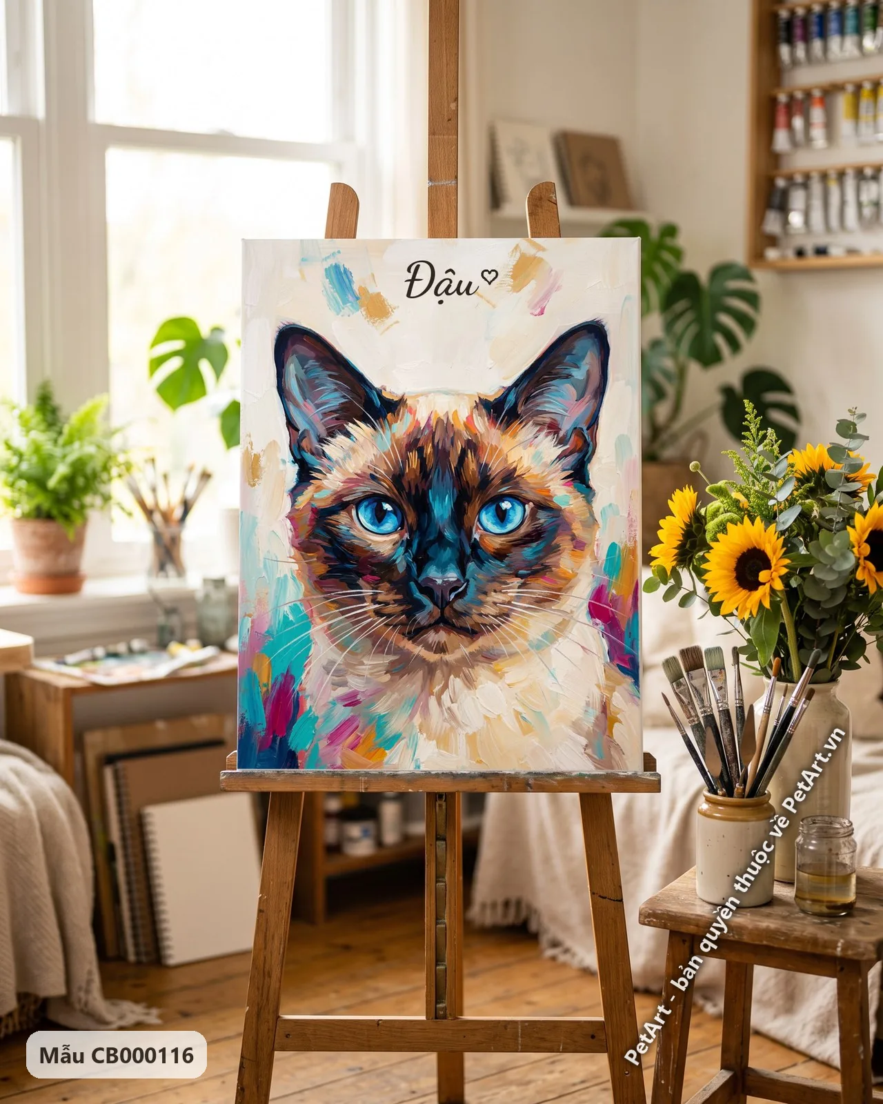 Ảnh thực tế: Chú mèo Xiêm với đôi mắt xanh biếc, bộ lông pha màu ấm áp, trên nền trắng kem với nét cọ.