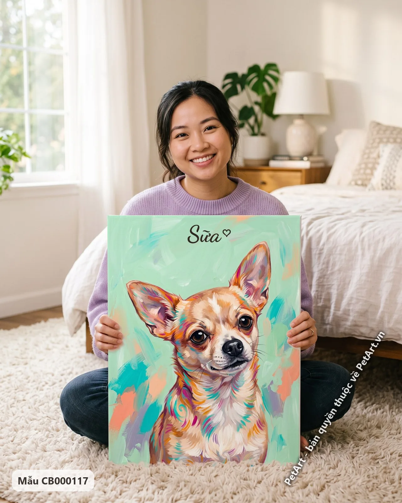 Ảnh thực tế: Chú chó Chihuahua nhỏ nhắn với đôi tai vểnh, bộ lông điểm xuyết màu sắc, trên nền xanh mint nhẹ nhàng.