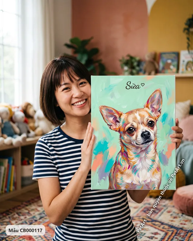 Chihuahua tai vểnh, lông màu, phong cách acrylic · ảnh thực tế