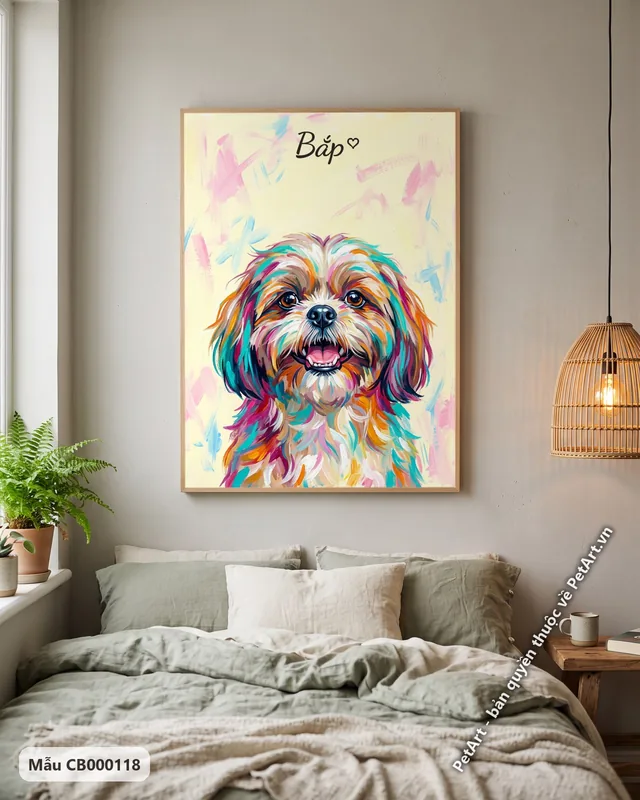 Shih Tzu vui vẻ, lông đa sắc, tranh acrylic · ảnh thực tế