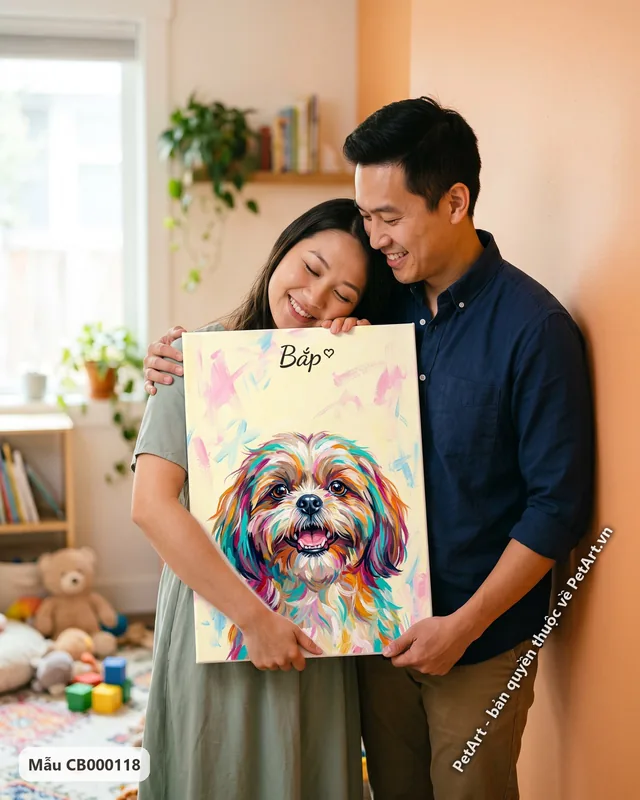 Shih Tzu vui vẻ, lông đa sắc, tranh acrylic · góc khác