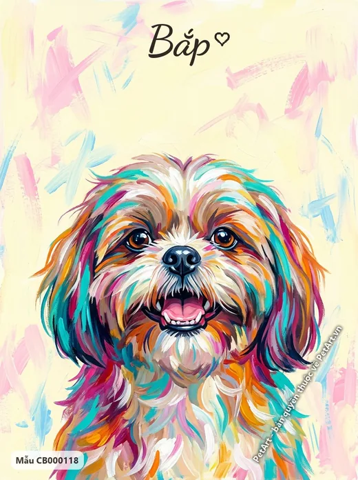 Shih Tzu vui vẻ, lông đa sắc, tranh acrylic · ảnh tranh