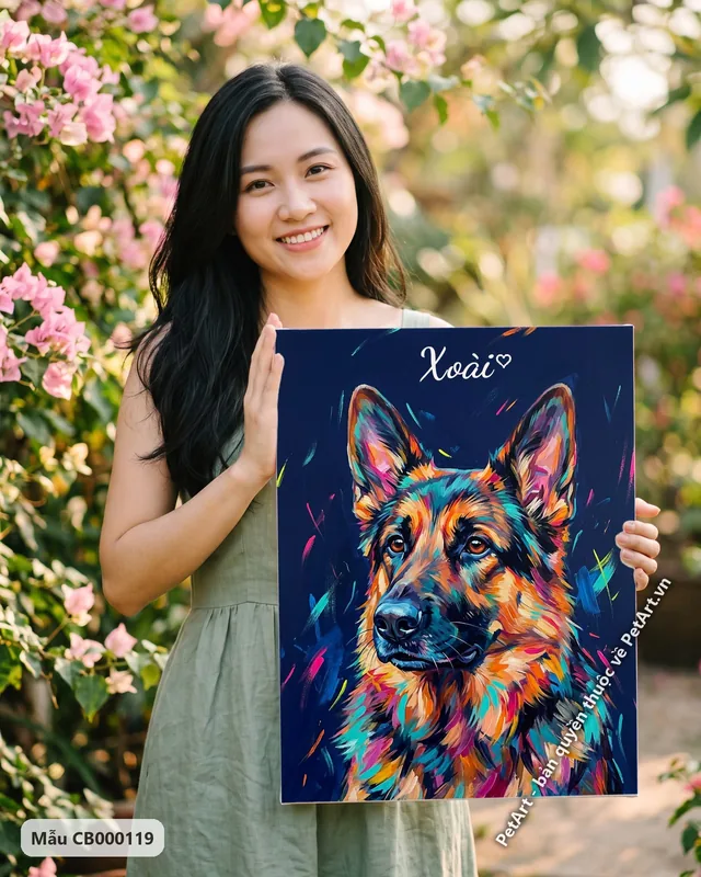 Becgie oai vệ, lông màu rực rỡ, acrylic · ảnh thực tế