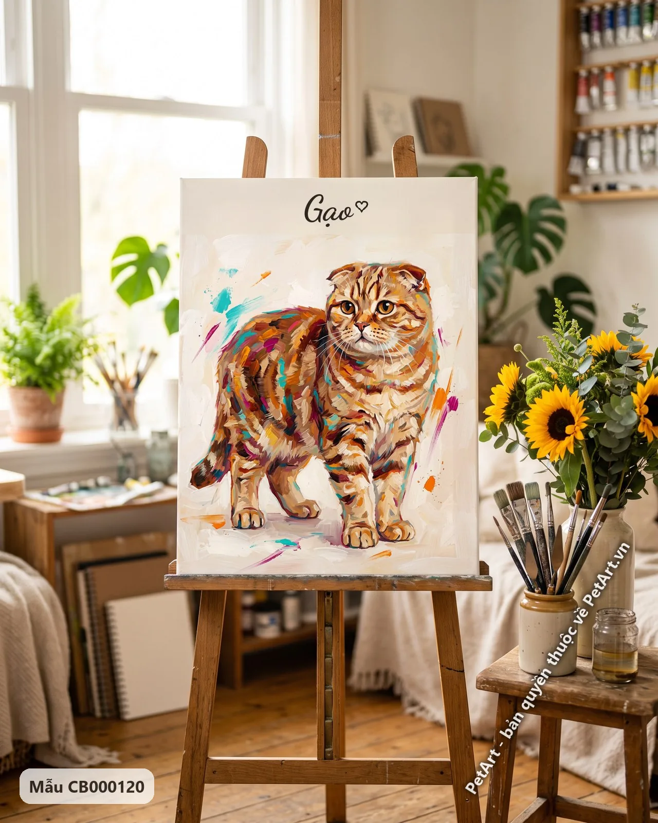 Ảnh thực tế: Chú mèo tai cụp đứng vững chãi, bộ lông vằn màu sắc ấm áp, trên nền trắng kem với vệt cọ.