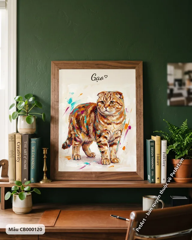 Mèo tai cụp đứng, lông vằn màu, acrylic · ảnh thực tế
