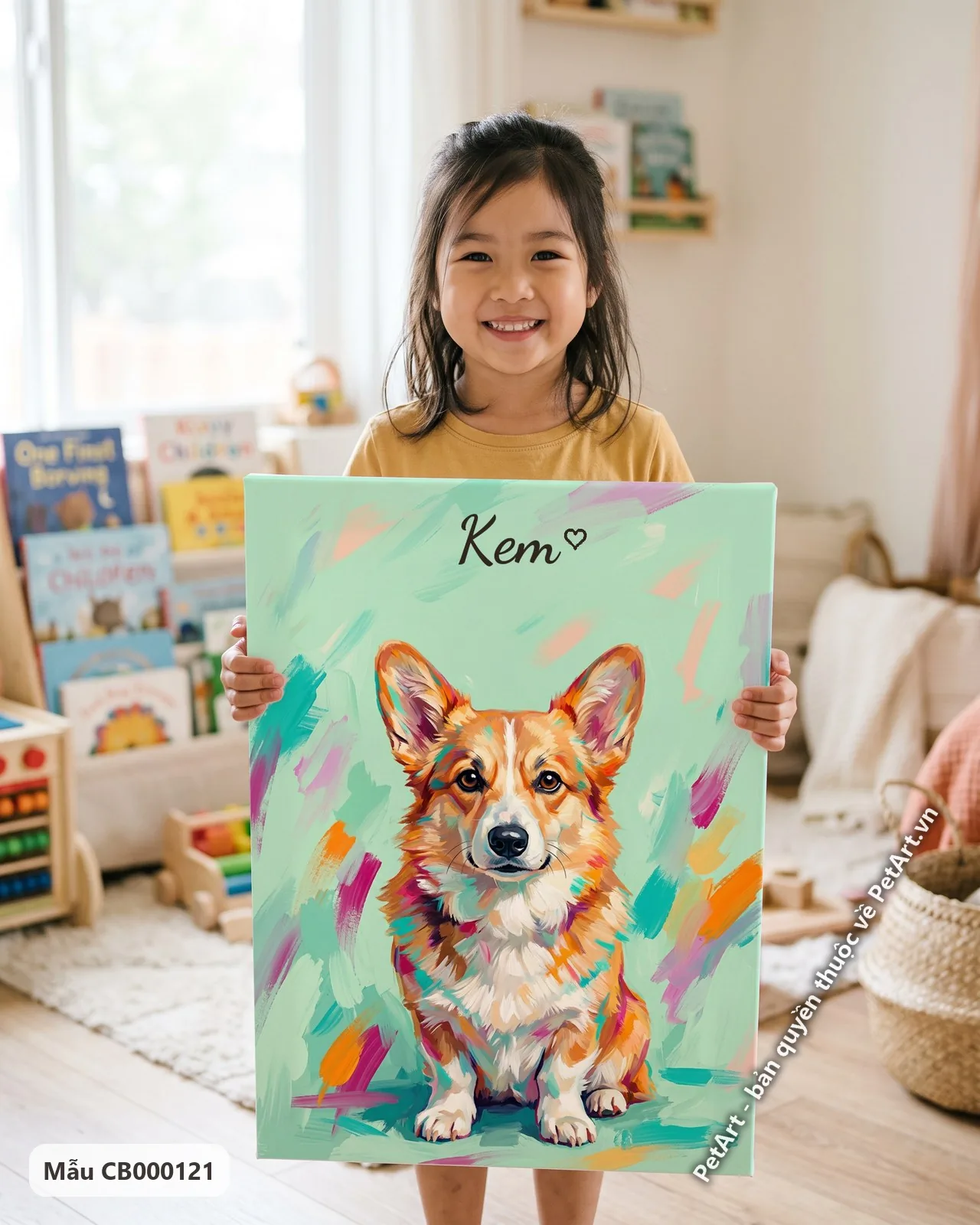 Ảnh thực tế: Chú chó Corgi đáng yêu ngồi thẳng, nhìn về phía trước, trên nền xanh nhạt với những vệt màu rực rỡ.