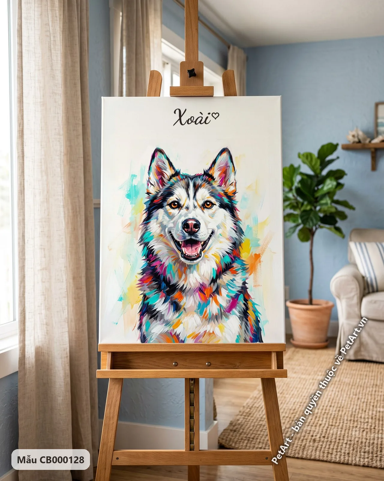 Ảnh thực tế: Chú chó Husky tươi cười, nhìn thẳng, trên nền trắng kem với những mảng màu rực rỡ và sống động.