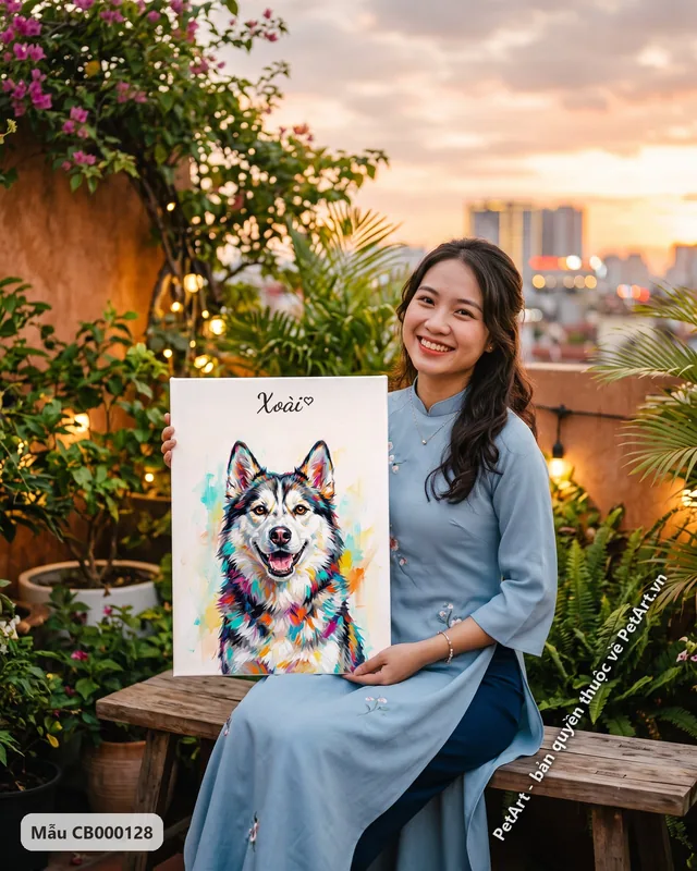 Chó Husky cười, phong cách tranh acrylic hiện đại · góc khác