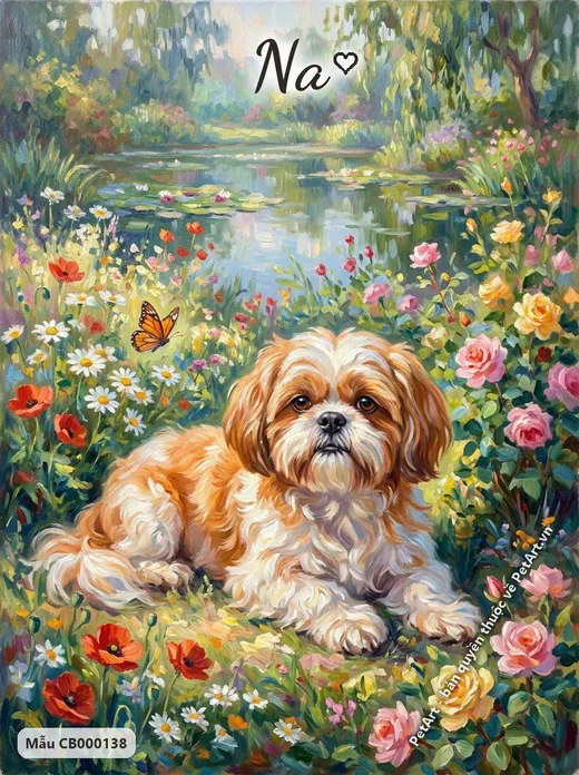 Chó Shih Tzu nằm giữa hoa bên hồ · ảnh tranh