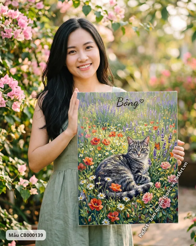 Mèo mướp xám nằm giữa vườn hoa · ảnh thực tế