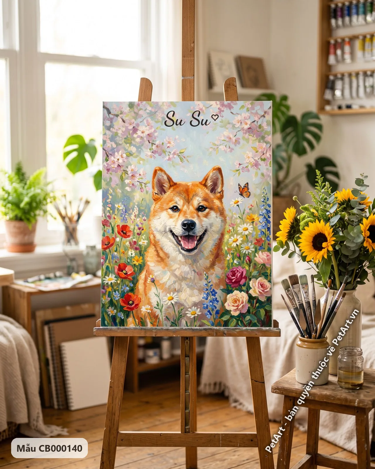 Ảnh thực tế: Chú chó Shiba màu vàng cam cười tươi ngồi giữa vườn hoa anh đào, cúc, hồng và anh túc, phong cách ấn tượng.