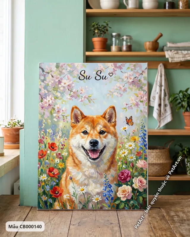 Chó Shiba cười tươi giữa vườn hoa · ảnh thực tế