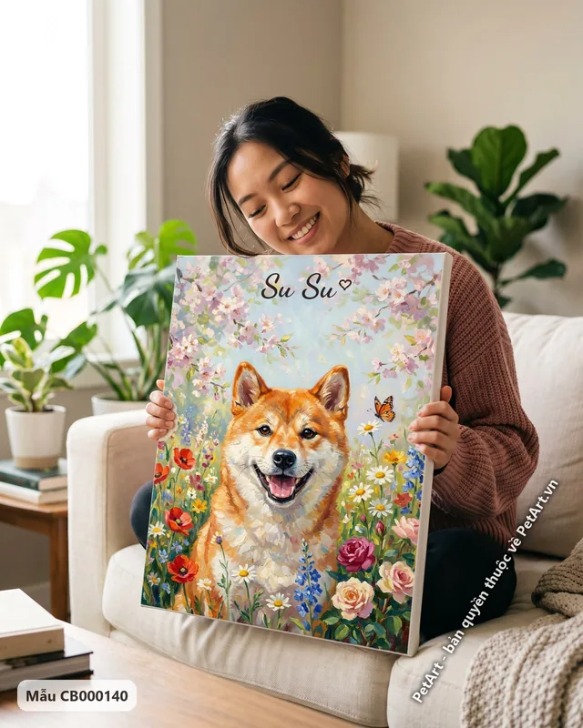 Chó Shiba cười tươi giữa vườn hoa · góc khác