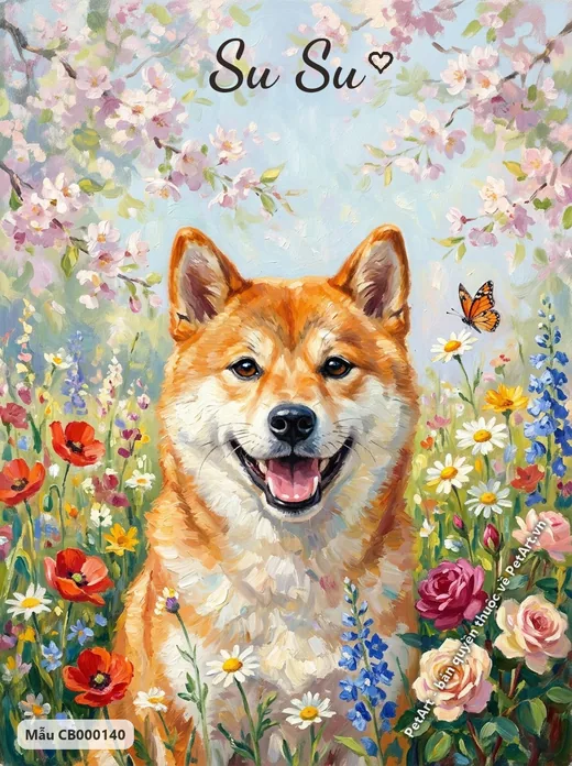 Chó Shiba cười tươi giữa vườn hoa · ảnh tranh