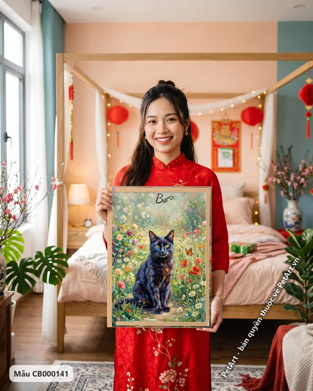 Mèo mun ngồi giữa vườn hoa rực rỡ · ảnh thực tế
