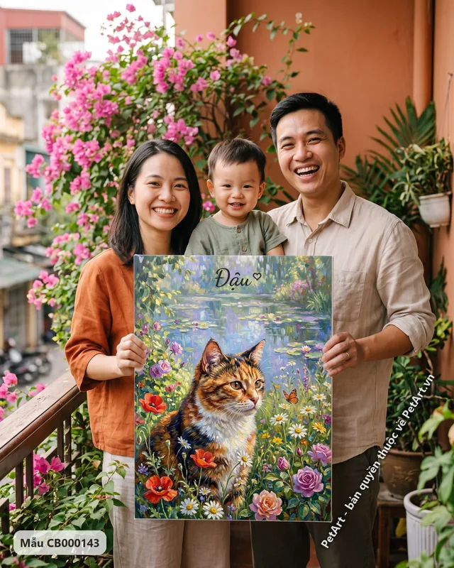 Mèo tam thể bên hồ hoa ấn tượng · ảnh thực tế