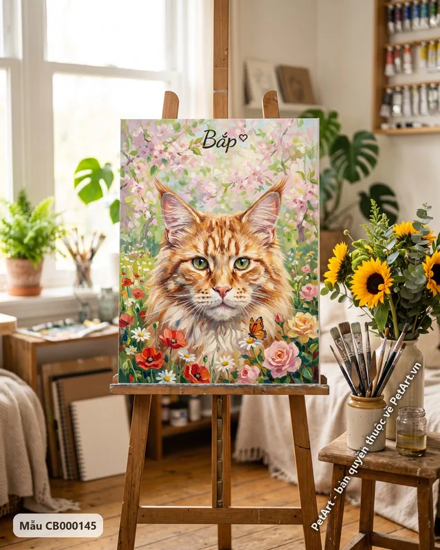 Mèo Maine Coon giữa vườn hoa hồng, tranh ấn tượng · góc khác