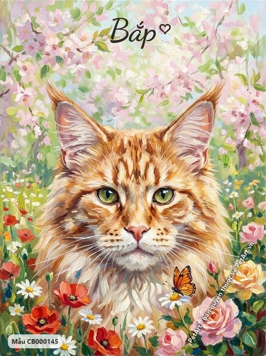 Mèo Maine Coon giữa vườn hoa hồng, tranh ấn tượng · ảnh tranh