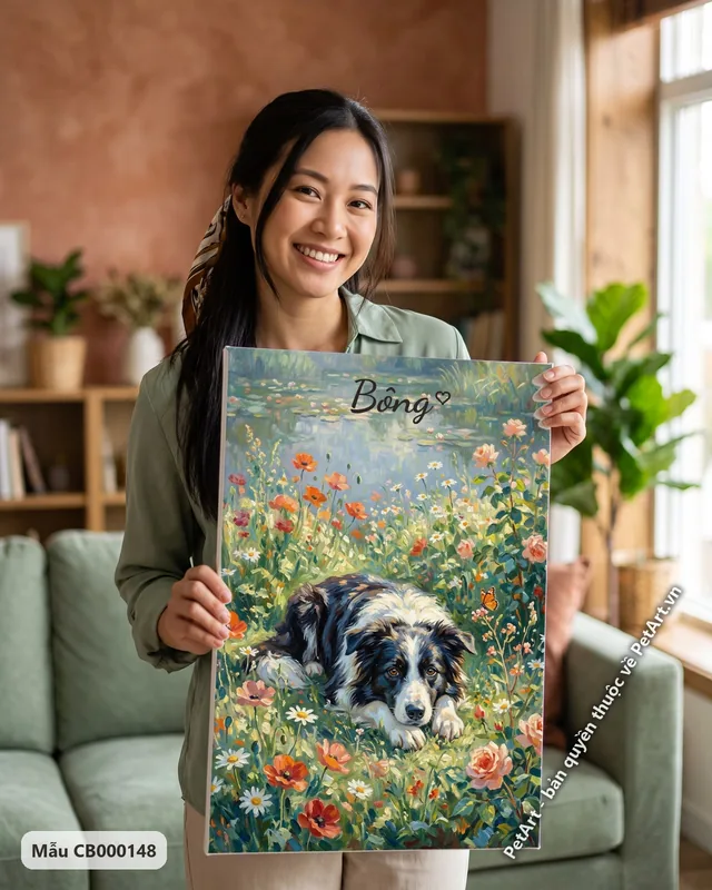 Chó Border Collie nằm bên hồ sen, tranh ấn tượng · góc khác