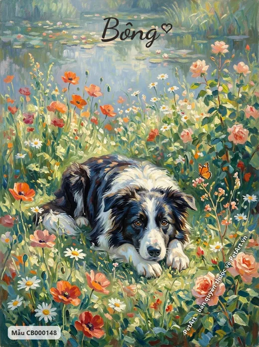 Chó Border Collie nằm bên hồ sen, tranh ấn tượng · ảnh tranh