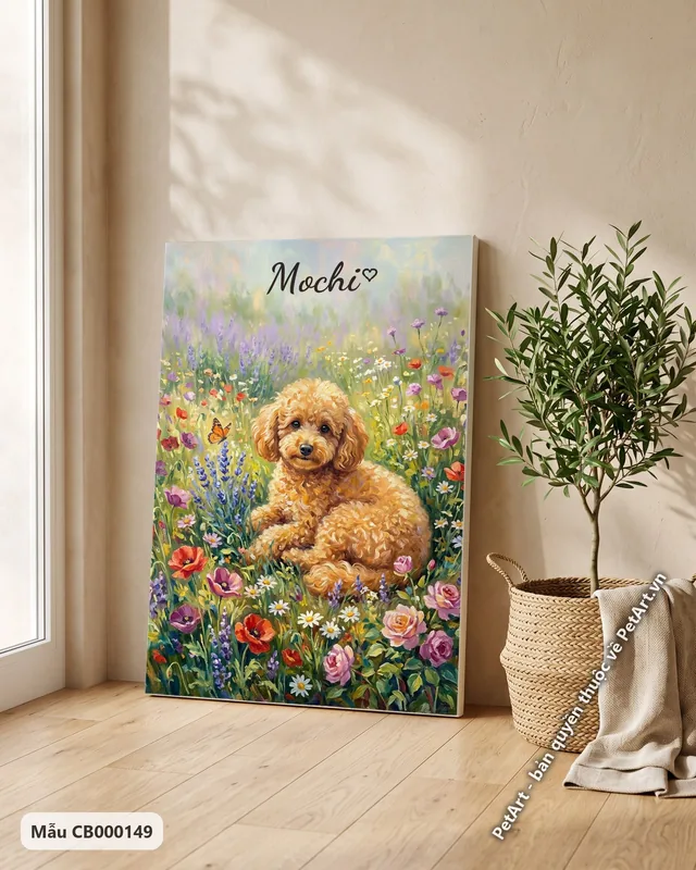 Chó Poodle vàng ngồi giữa vườn hoa, tranh ấn tượng · góc khác