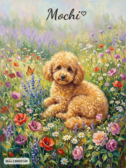 Chó Poodle vàng ngồi giữa vườn hoa, tranh ấn tượng · ảnh tranh