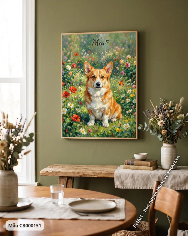 Chó Corgi ngồi giữa vườn hoa, tranh ấn tượng · góc khác