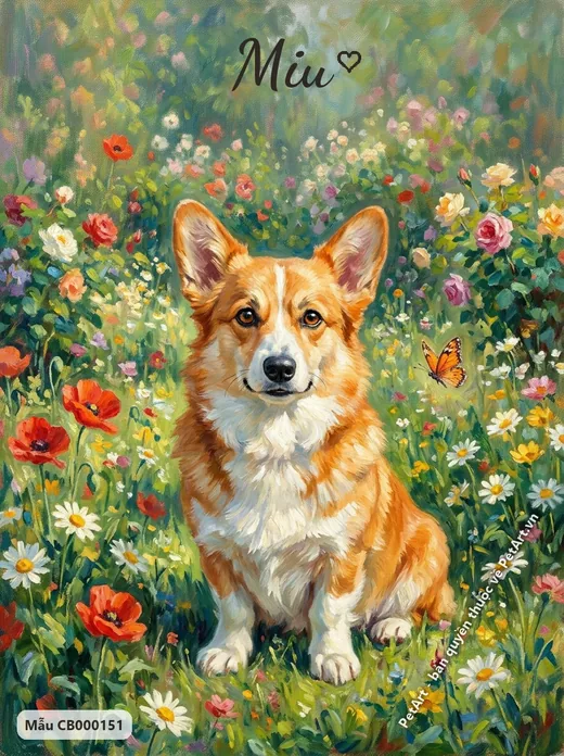 Chó Corgi ngồi giữa vườn hoa, tranh ấn tượng · ảnh tranh
