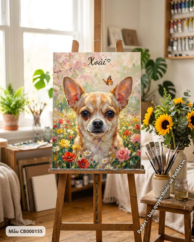 Chó Chihuahua cận cảnh giữa hoa ấn tượng · góc khác