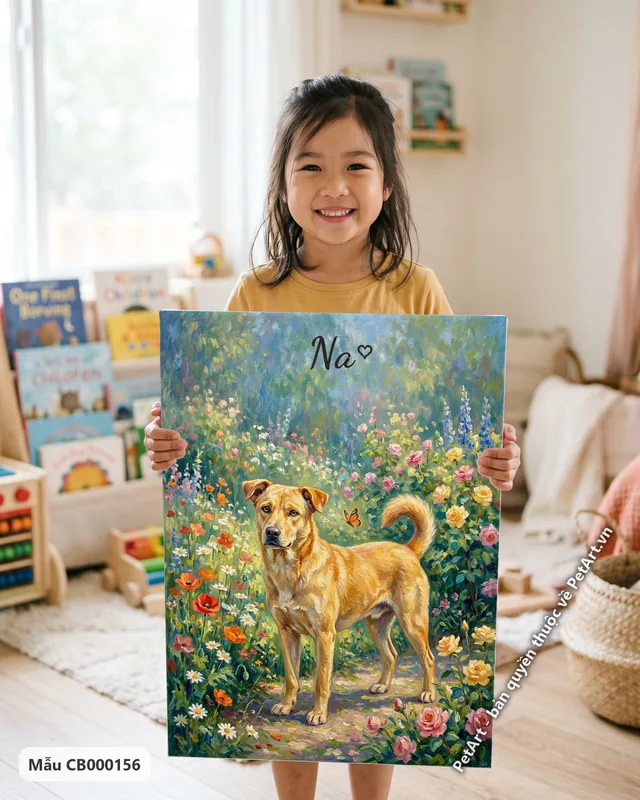 Chó ta vàng đứng giữa vườn hoa ấn tượng · góc khác