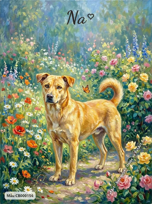 Chó ta vàng đứng giữa vườn hoa ấn tượng · ảnh tranh