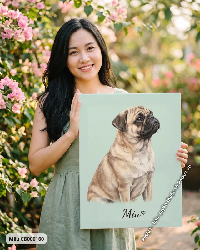 Chó Pug ngồi nhìn lên pastel mềm mại · góc khác