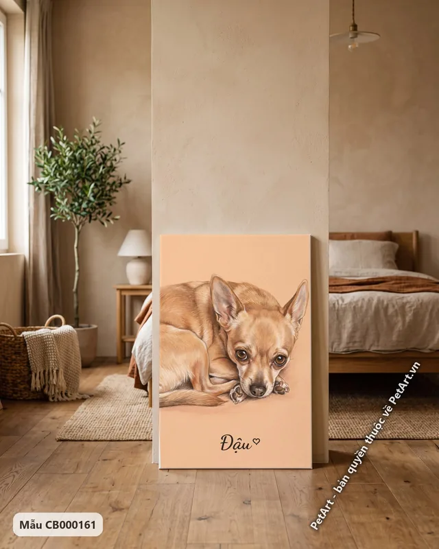 Chó Chihuahua cuộn tròn, tranh pastel mềm mại · góc khác