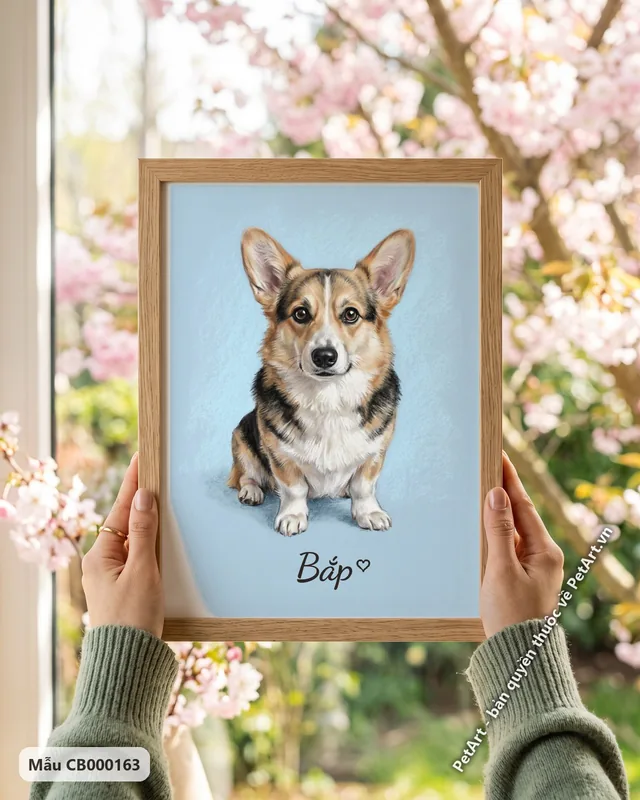Chó Corgi ngồi thẳng, tranh pastel mềm mại · ảnh thực tế