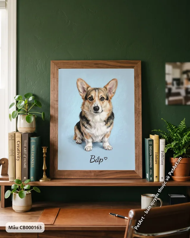 Chó Corgi ngồi thẳng, tranh pastel mềm mại · góc khác