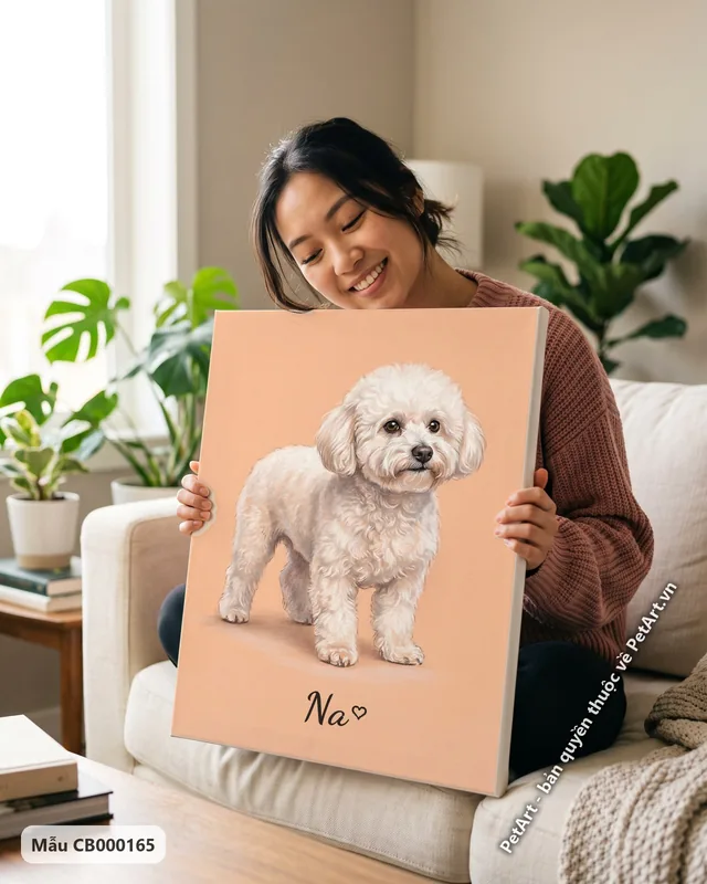 Chó Bichon trắng đứng, tranh pastel mềm mại · ảnh thực tế