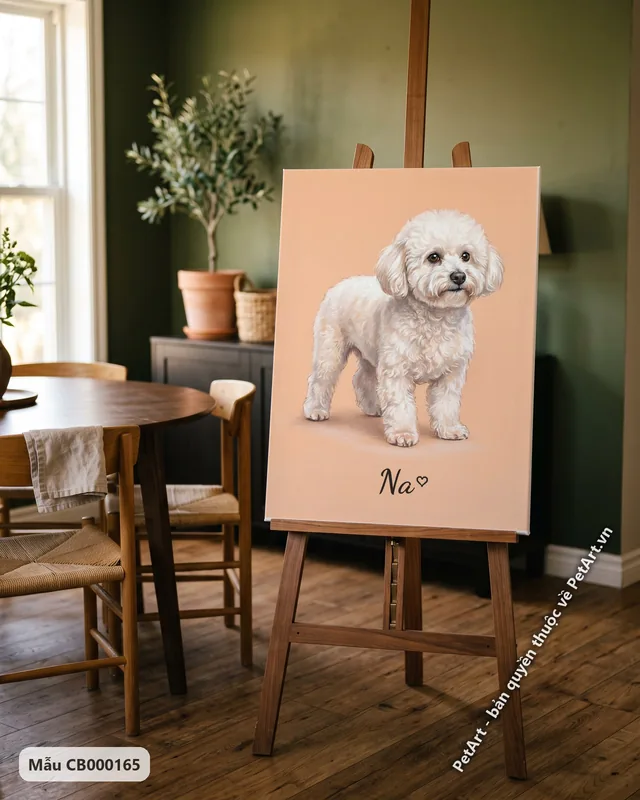 Chó Bichon trắng đứng, tranh pastel mềm mại · góc khác